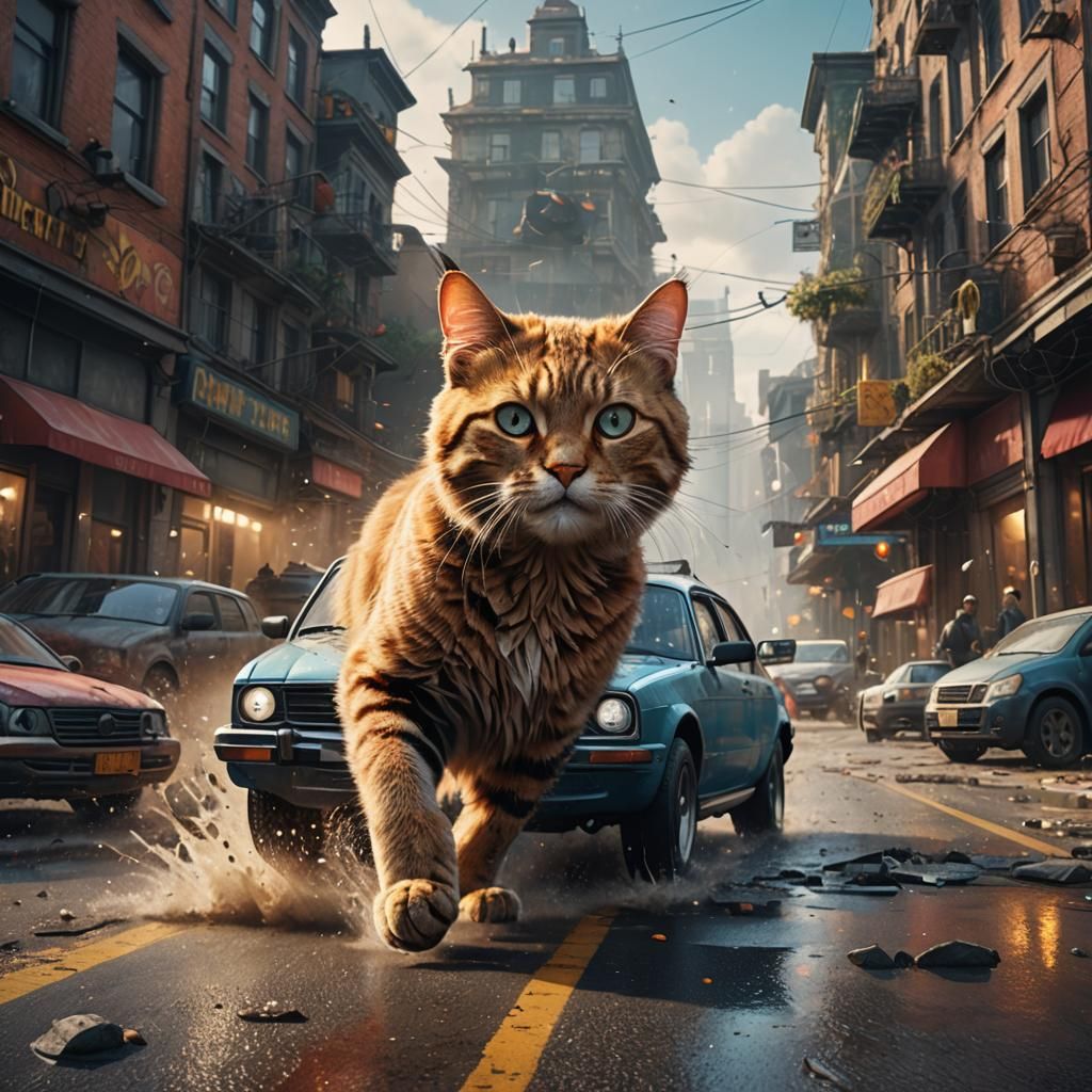 Surreal Feline Thrashed by Crashing Vehicle in Deep Fantasy....