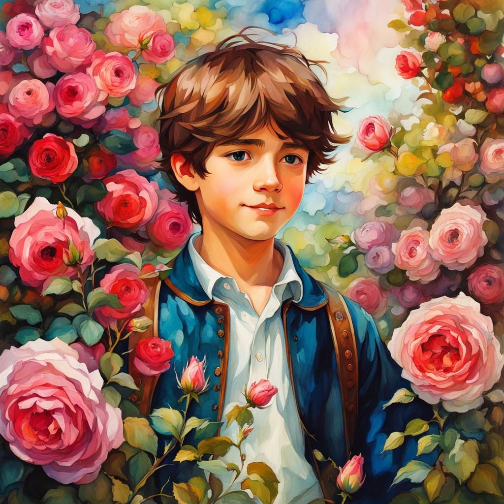 Vibrant Boy in Whimsical Rose Garden, in a Waterhouse Aesthe...