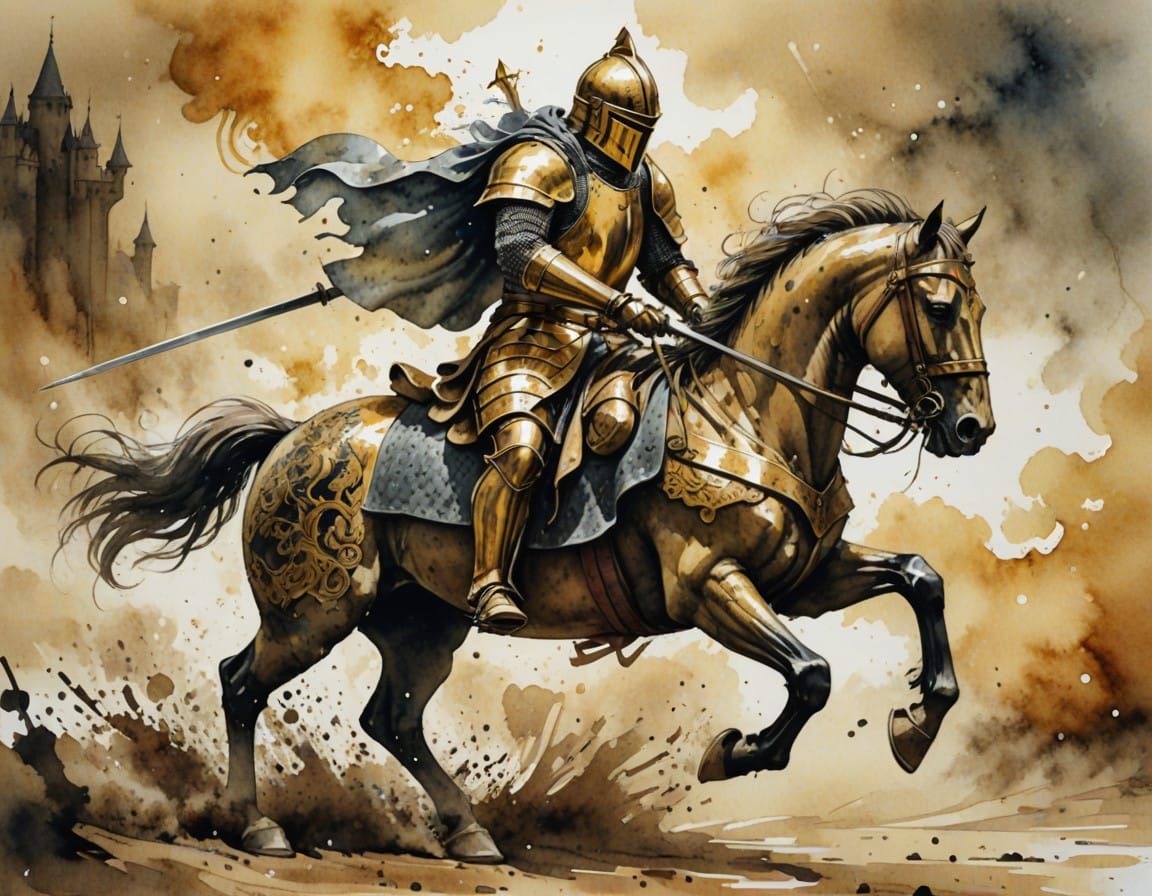 Golden Knight Gallops Across Battle-scarred Terrain