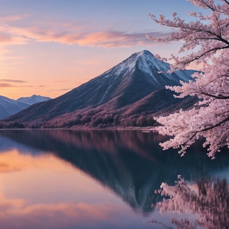Dreamy Sunset Over Calm Lake with Cherry Blossoms