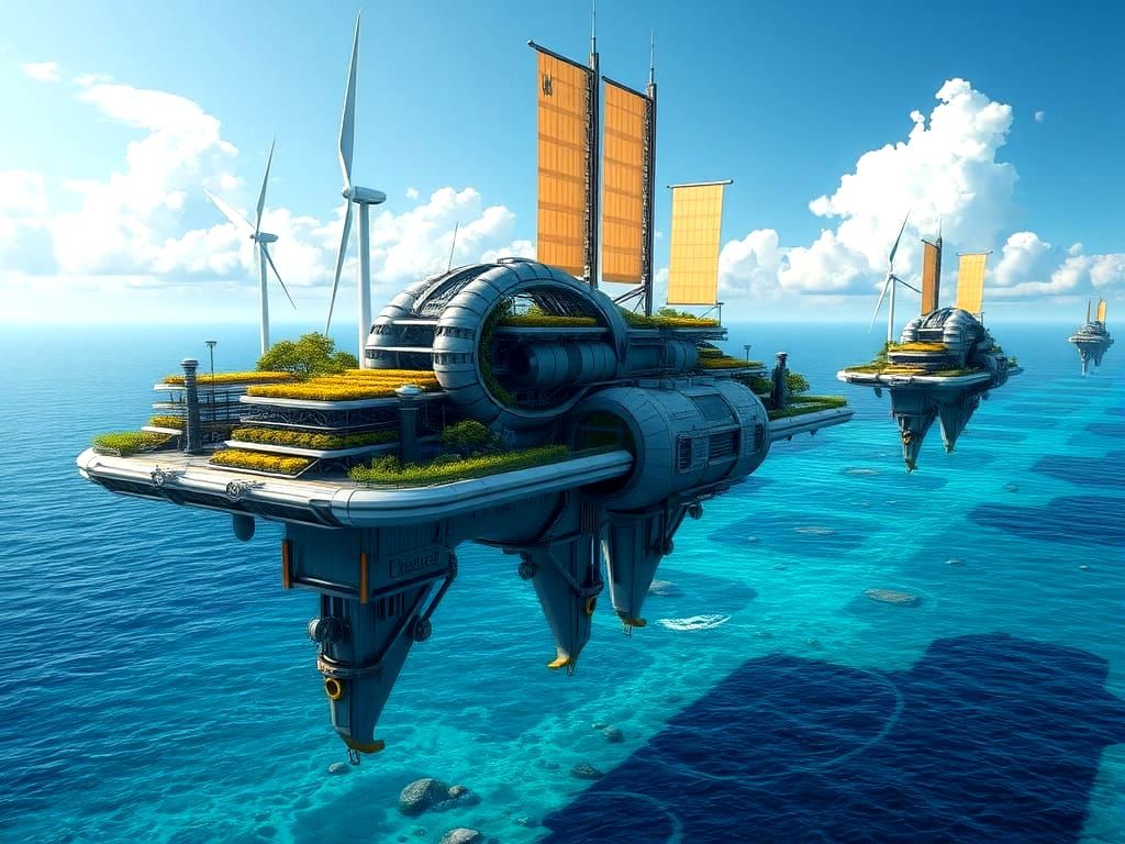 Sleek Solarpunk Metropolis Drifts Above Crystal Ocean