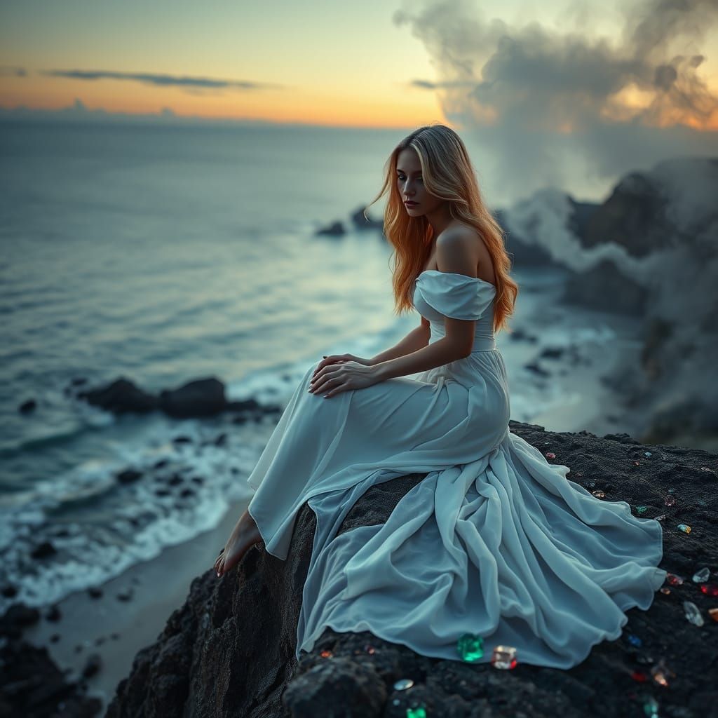 A Blonde Woman Overlooks a Serene Beach at Dusk, Surrounded ...