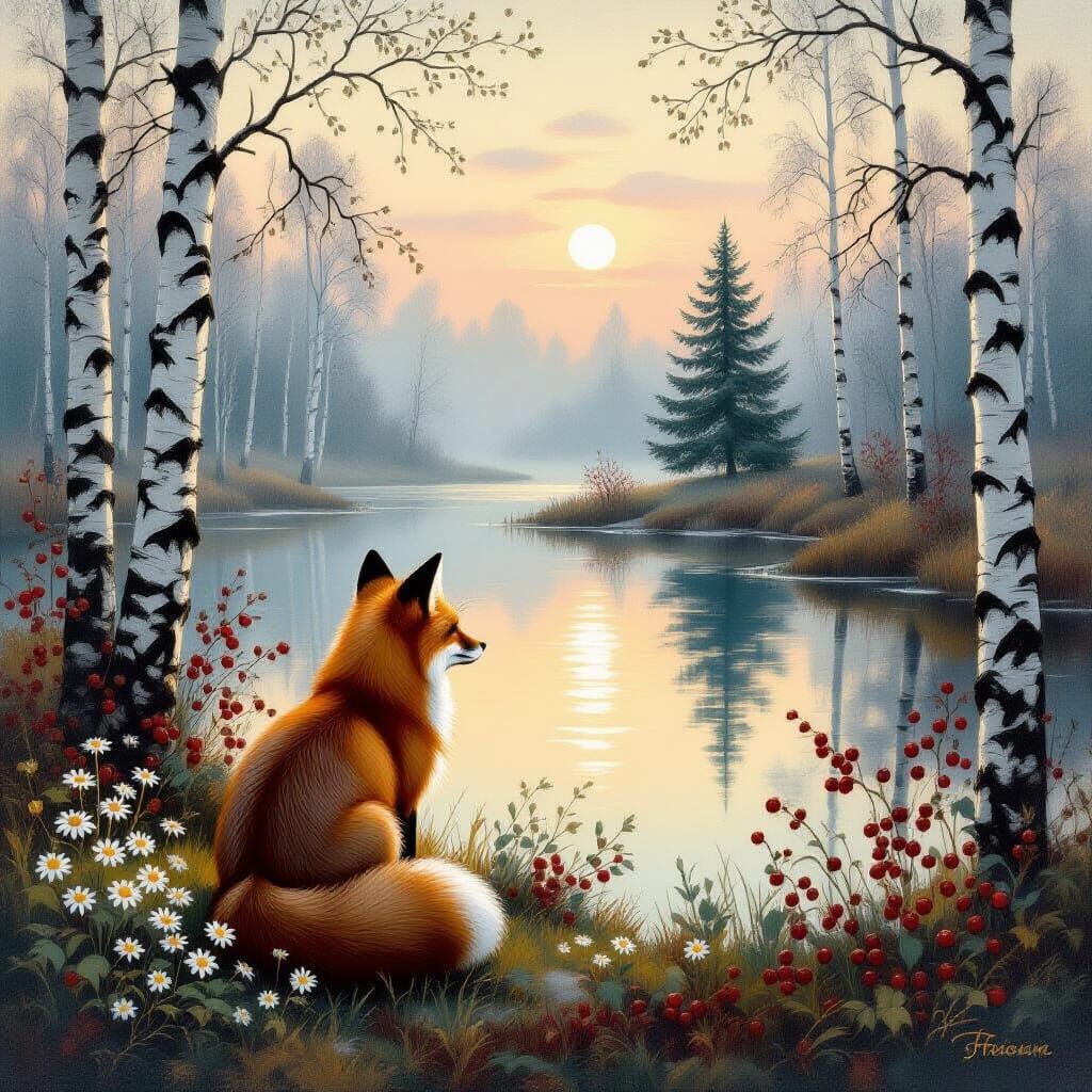 Fox in Misty Forest Inspired by Classic Painters