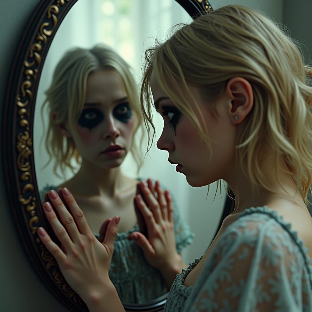 Sorrowful Blond Girl Confronts Haunting Mirror Reflection