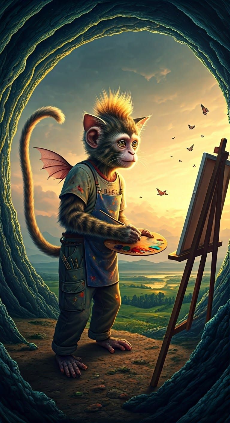 Whimsical Monkey-Duckling-Kitten Artist in a Futuristic Land...