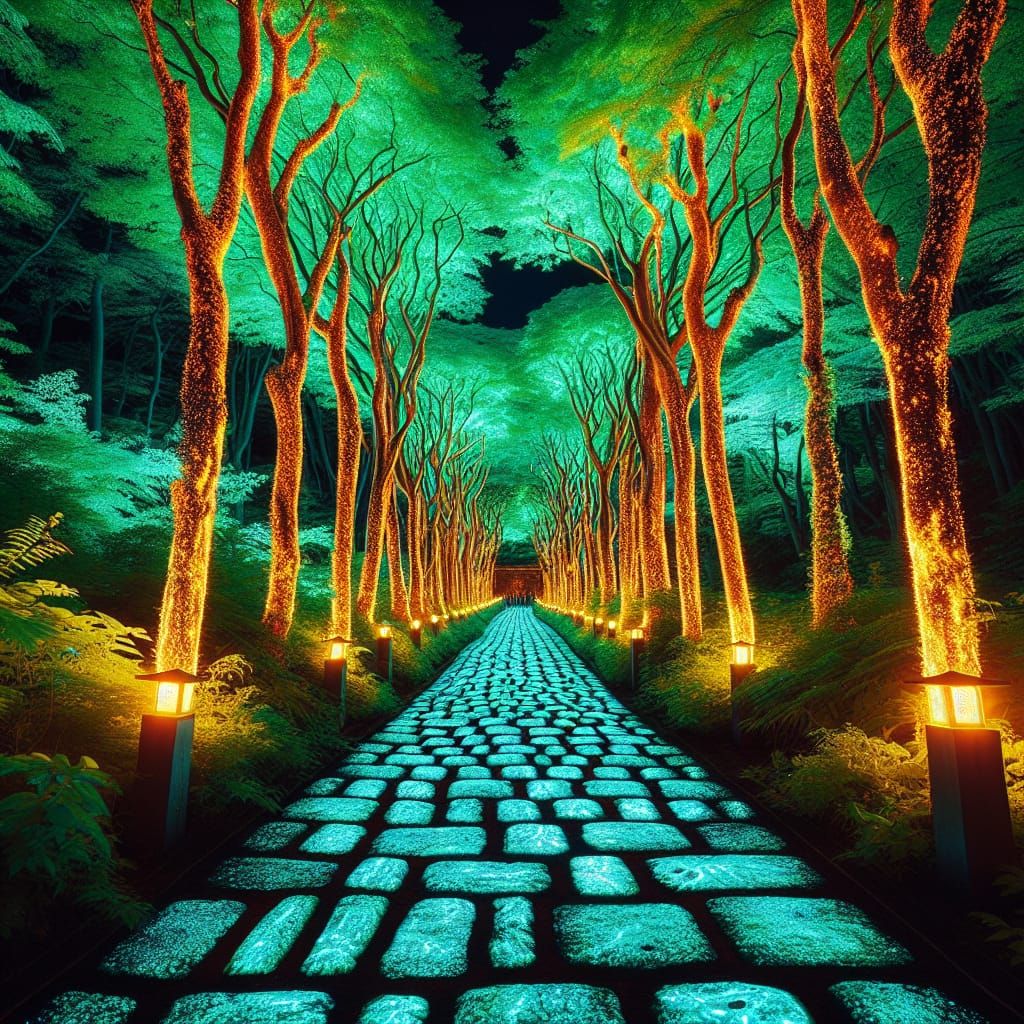 Brick pathway lit by florescent light trees