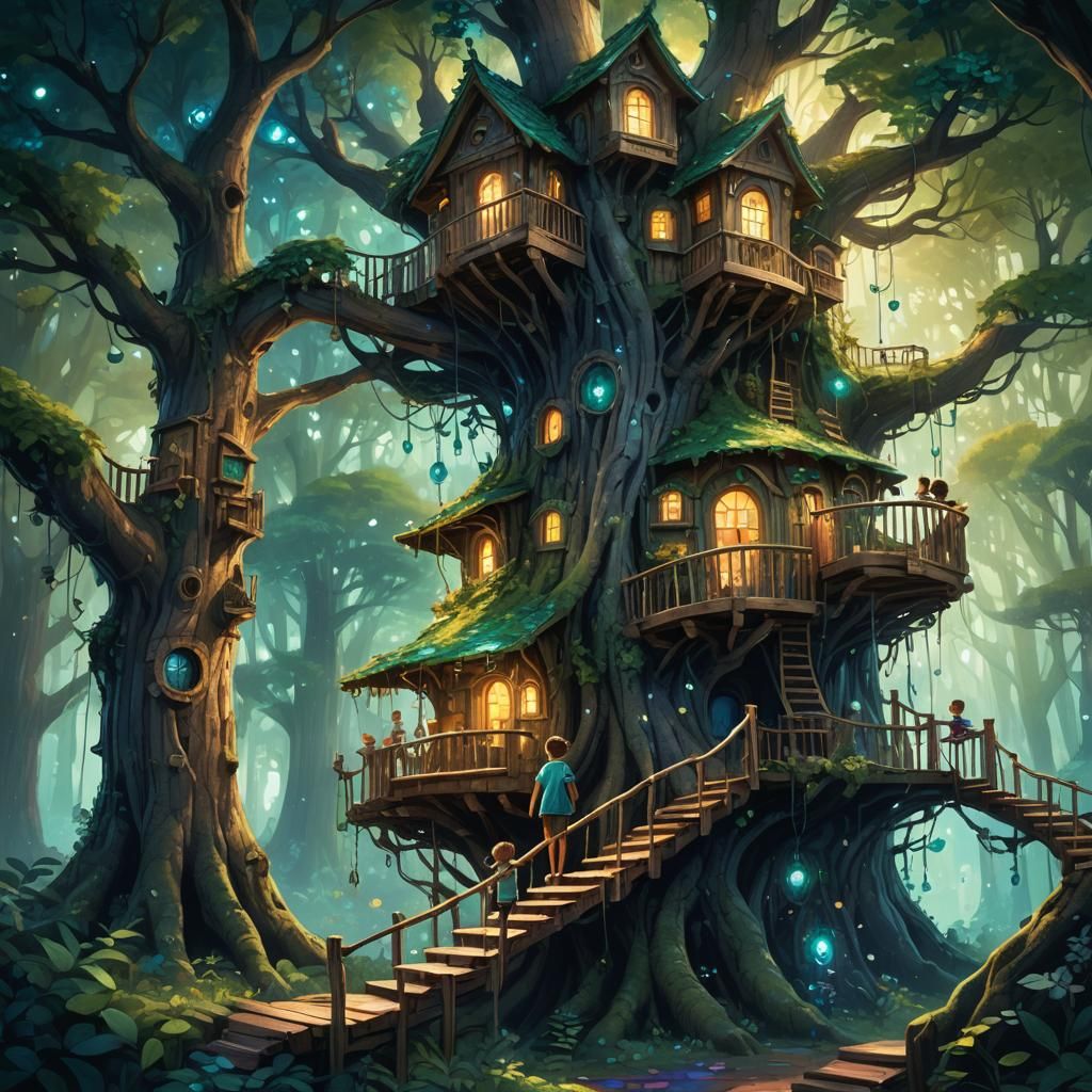 Enchanted Treehouse in Whimsical Forest Fantasy