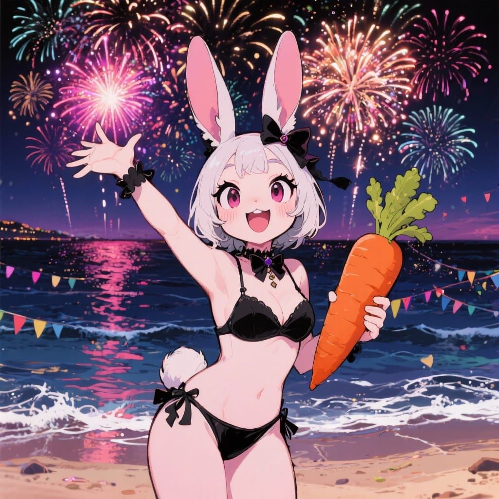Gothic Bunny Enjoys New Year Fireworks by the Sea