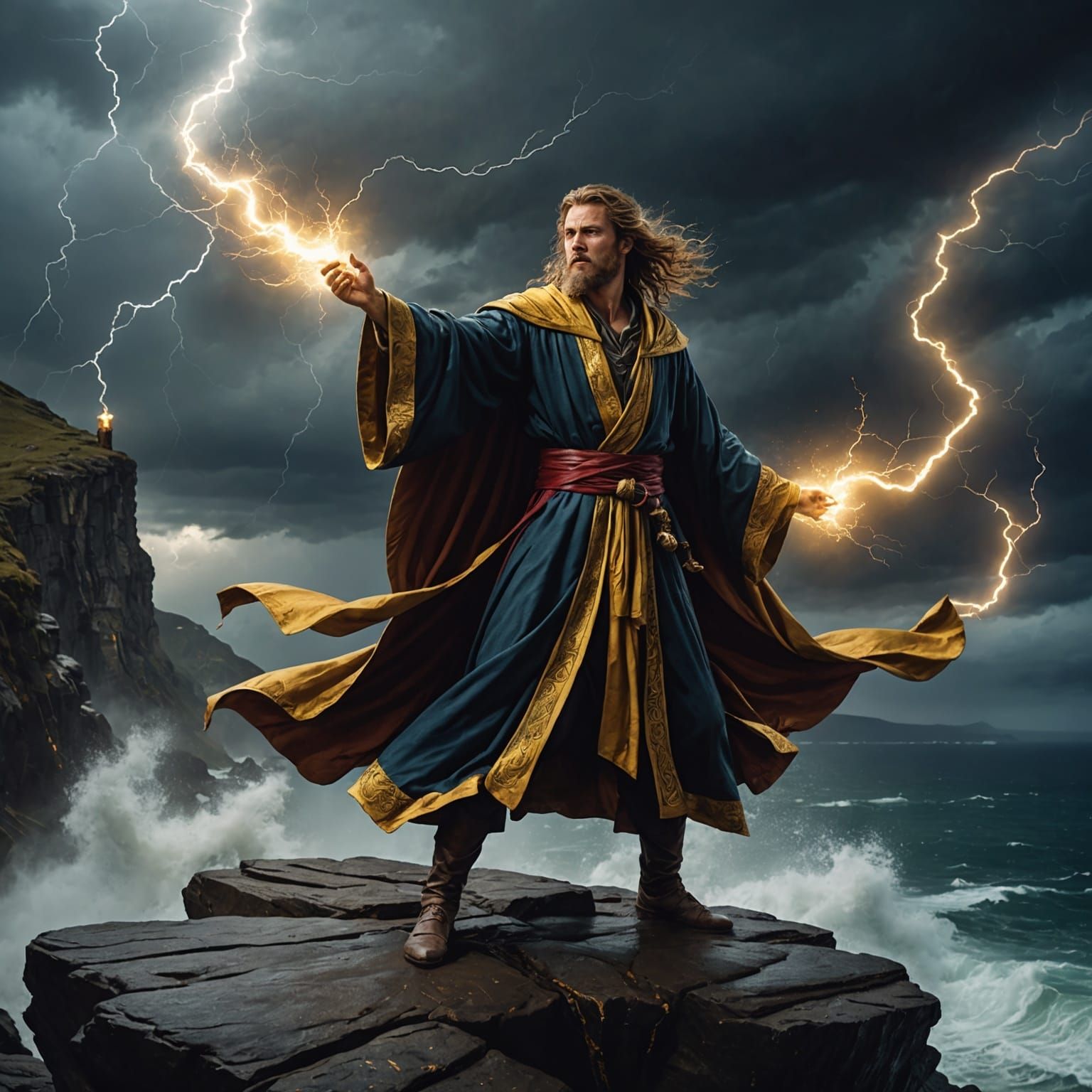 Epic Young Wizard Harnesses Stormy Power in Cyberpunk Digita...