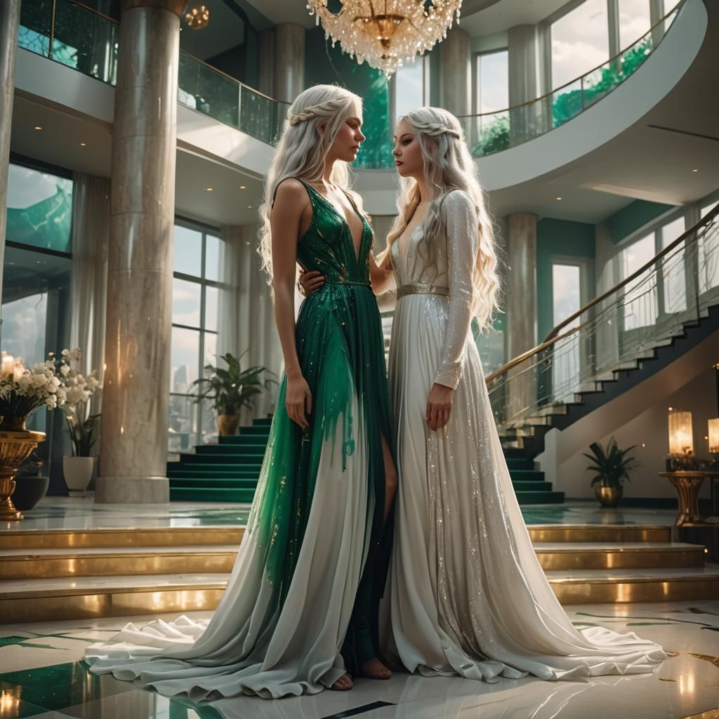 Sisters United in Elegant Embrace under Vibrant Lighting