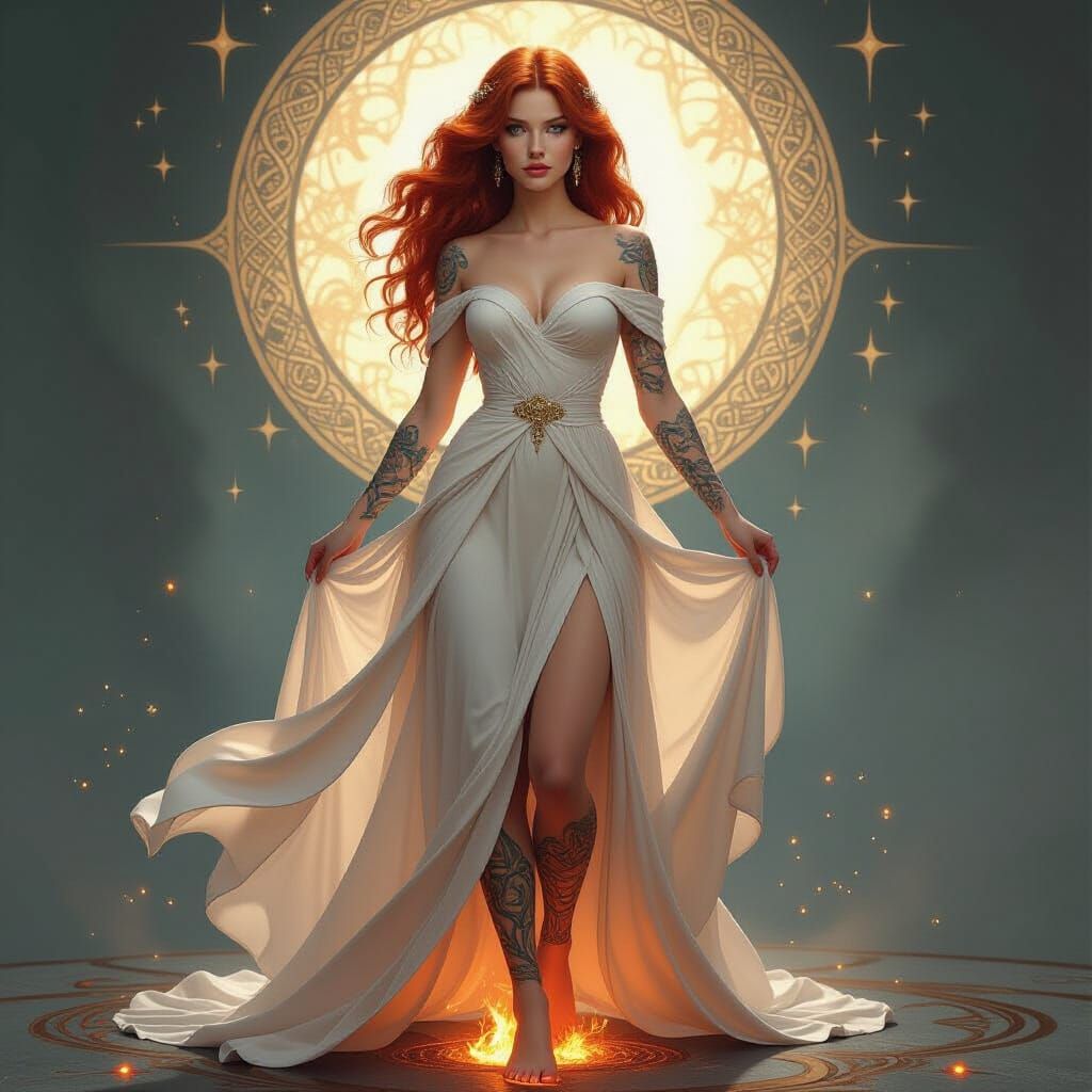 Ethereal Woman with Celtic Tattoos in Art Nouveau Style