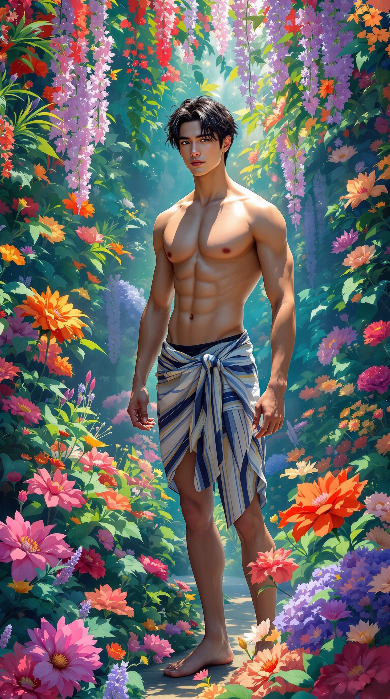 Gay Man in Vibrant Flower Garden, Masterpiece Art