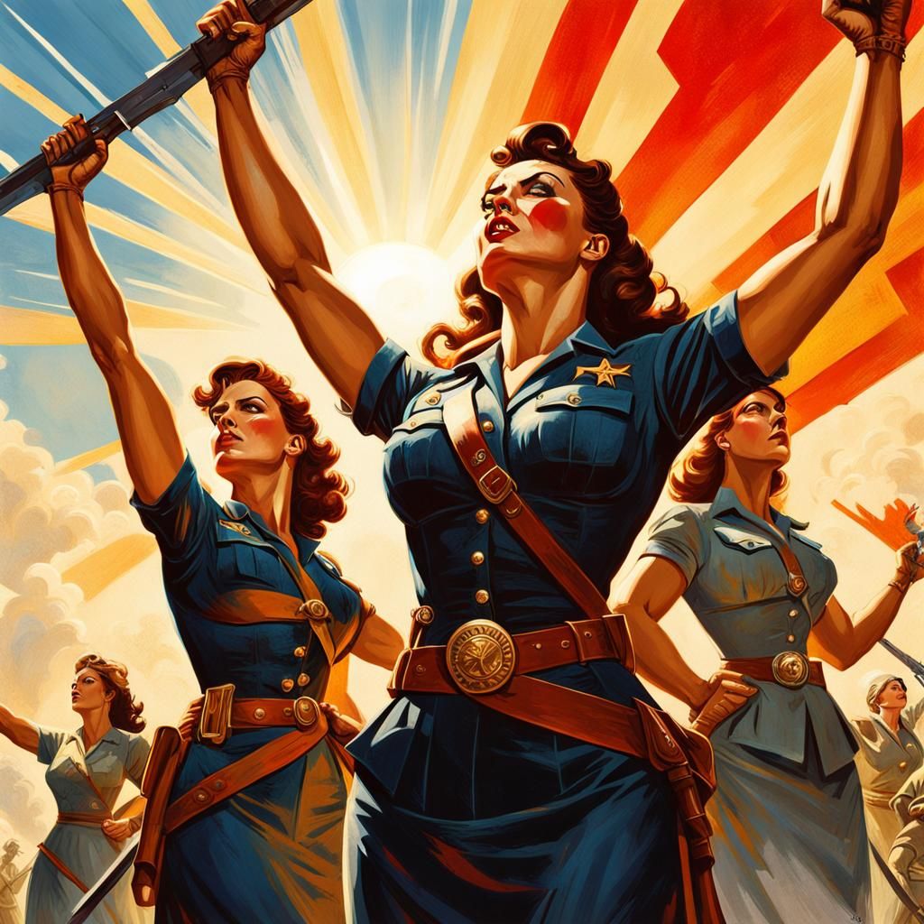 Heroic Women in Vibrant Propaganda Style