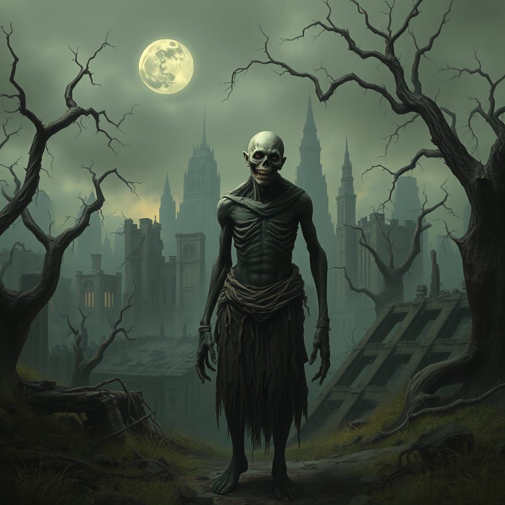 Dystopian Post-Apocalyptic Cityscape: Haunting Figure of Hum...