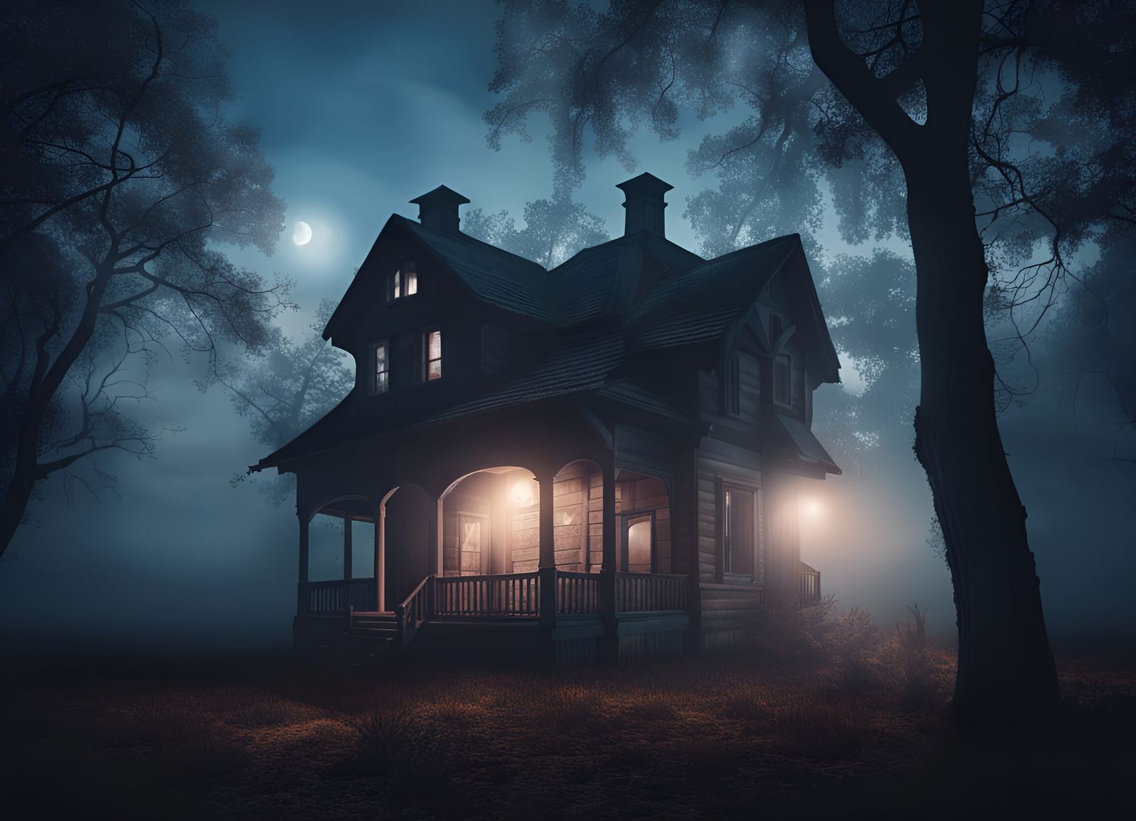 Haunted Mansion Emerge from Foggy Forest Night