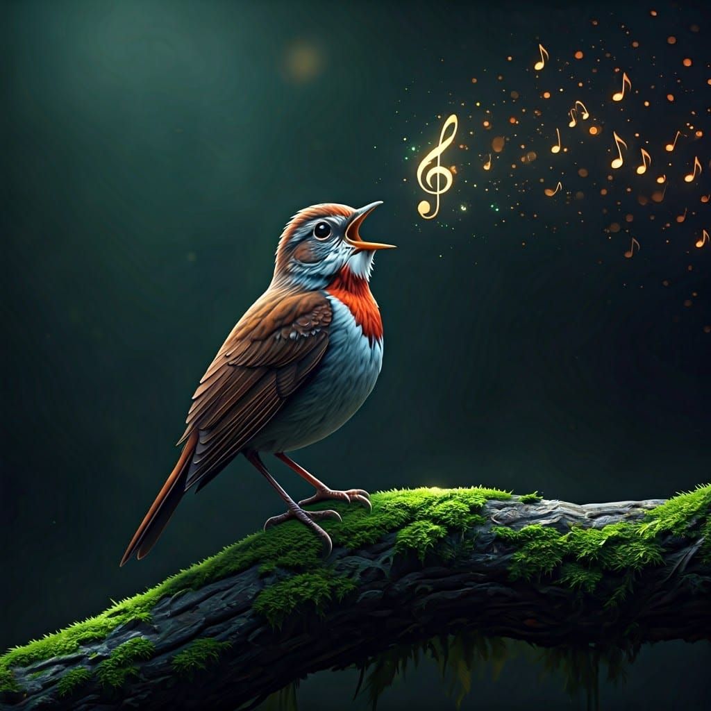 Bird in Vibrant Fantastical Scene Singing with Musical Notes