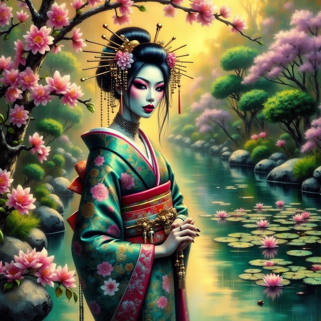 Ethereal Geisha in Iridescent Kimono Beside Luminous Green B...