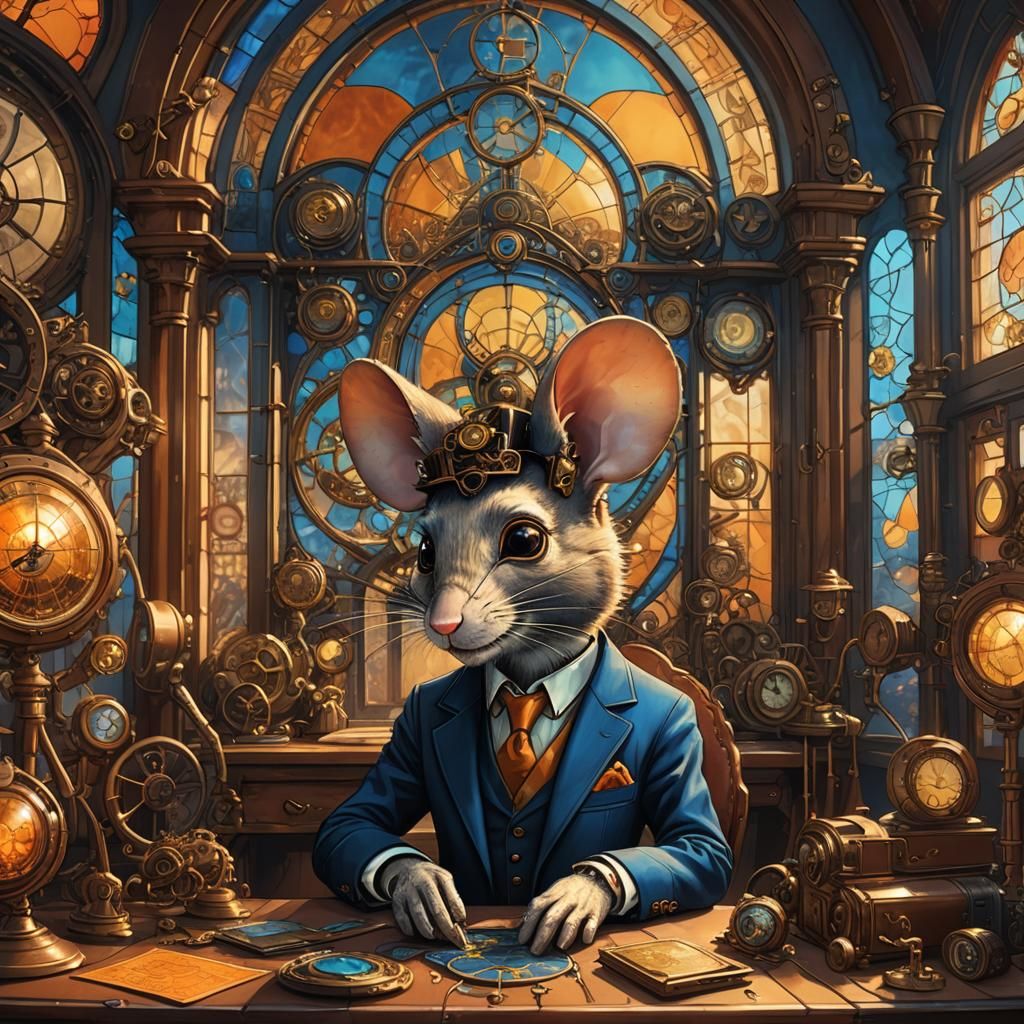 Steampunk Business Mouse in a Whimsical Office