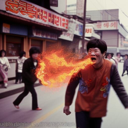 Furious Man Breathing Fire in Seoul Street