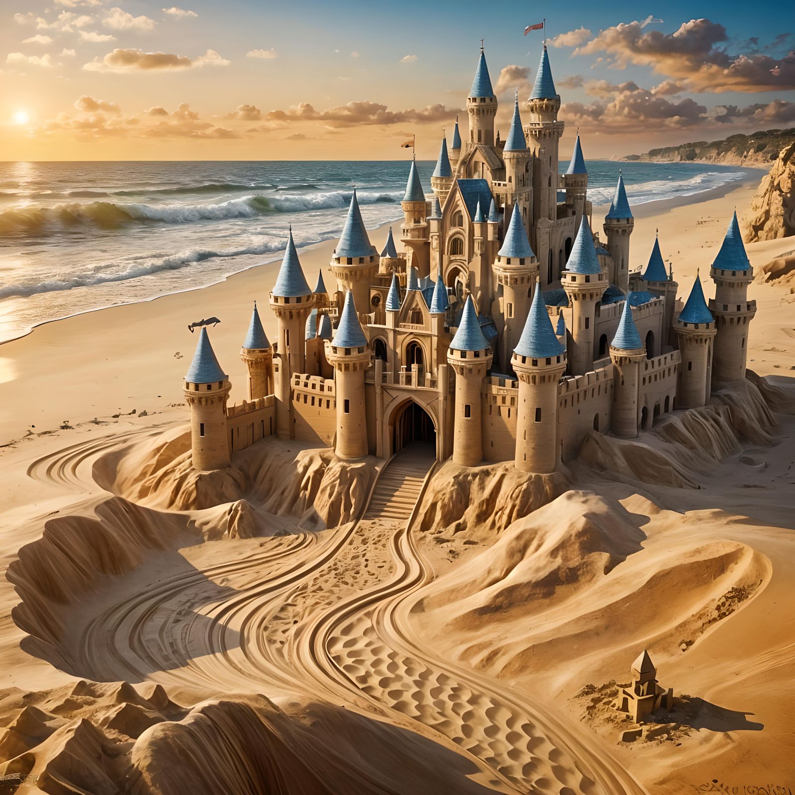 Immersive Fantasy Sand Castle in Breathtaking Sunset Light