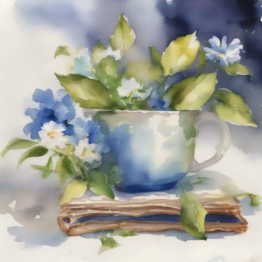 Floral Cup on Book in Impressionist Style
