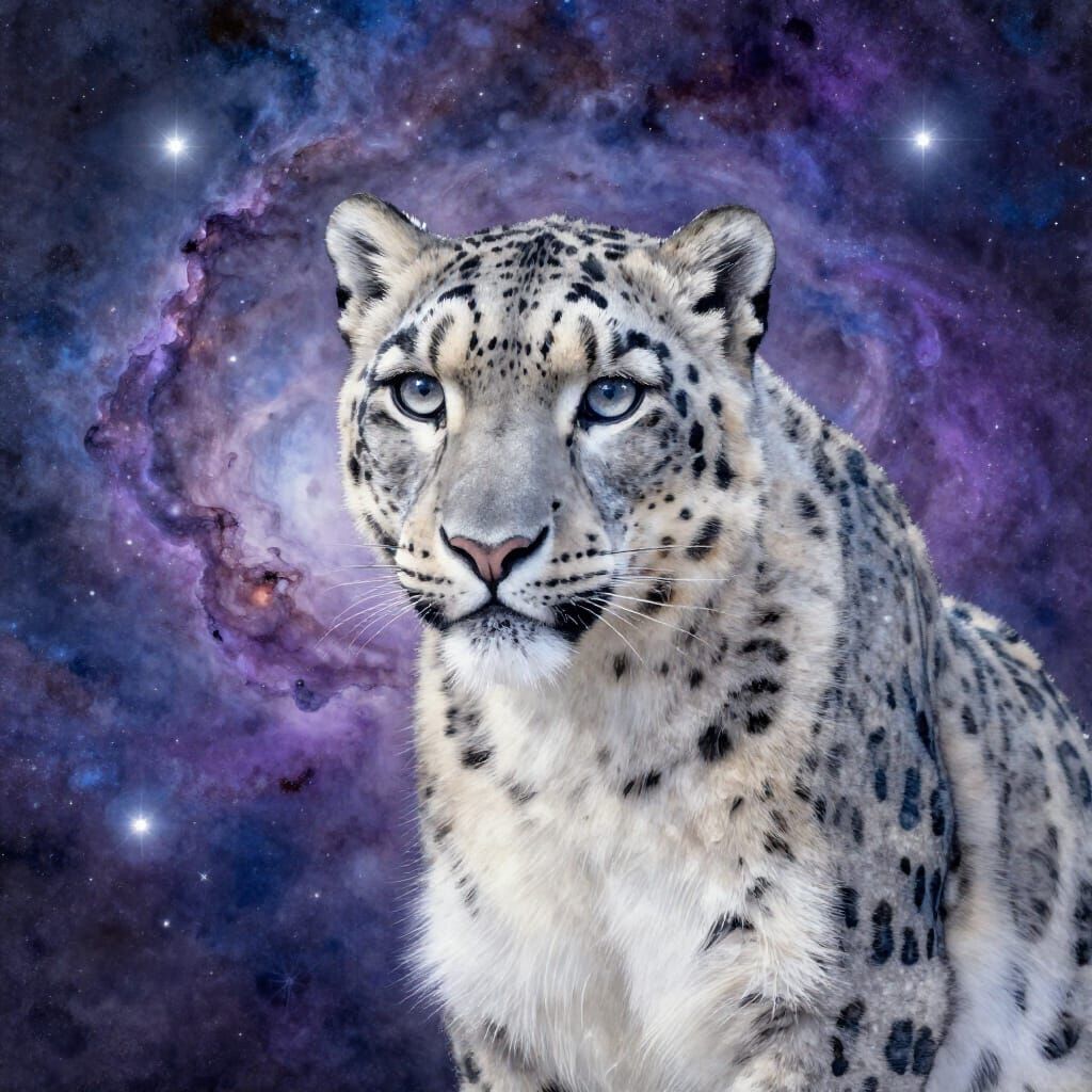 Cosmic Snow Leopard Amidst Star-Dusted Nebulae
