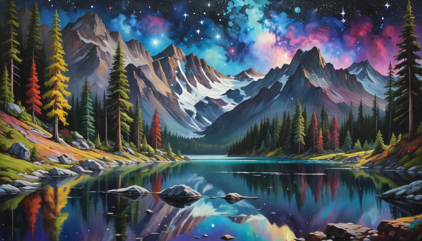 Surreal Mountain Lake Scene in a Triadic Oil Painting Style