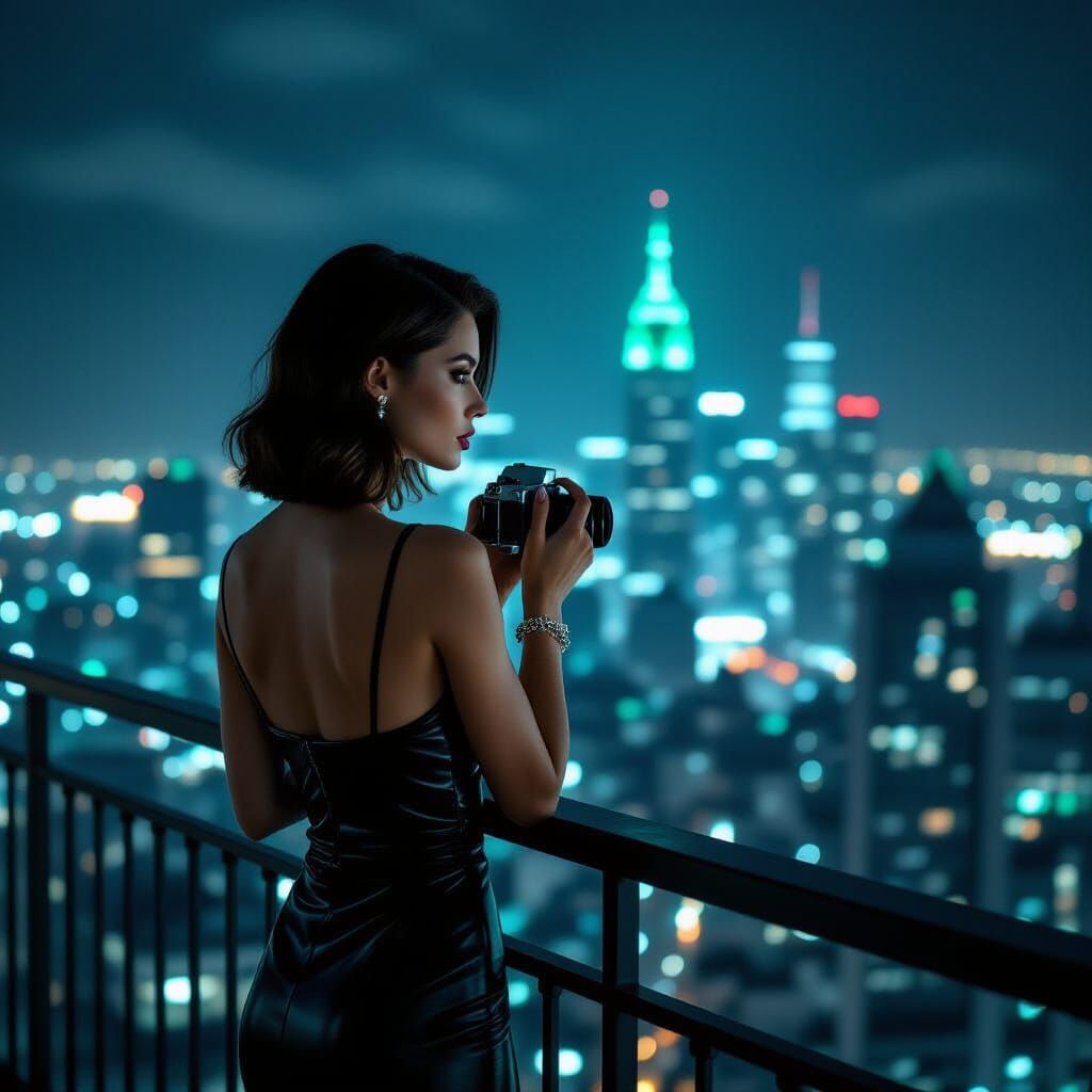 Neo-Noir Woman with Camera Gazing at City
