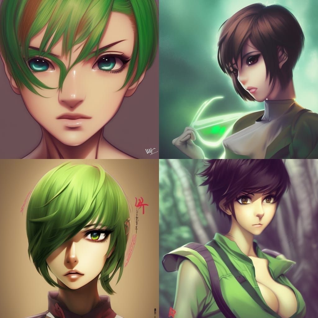 Anime-Inspired Goddess with Vibrant Green Hair and Clothing