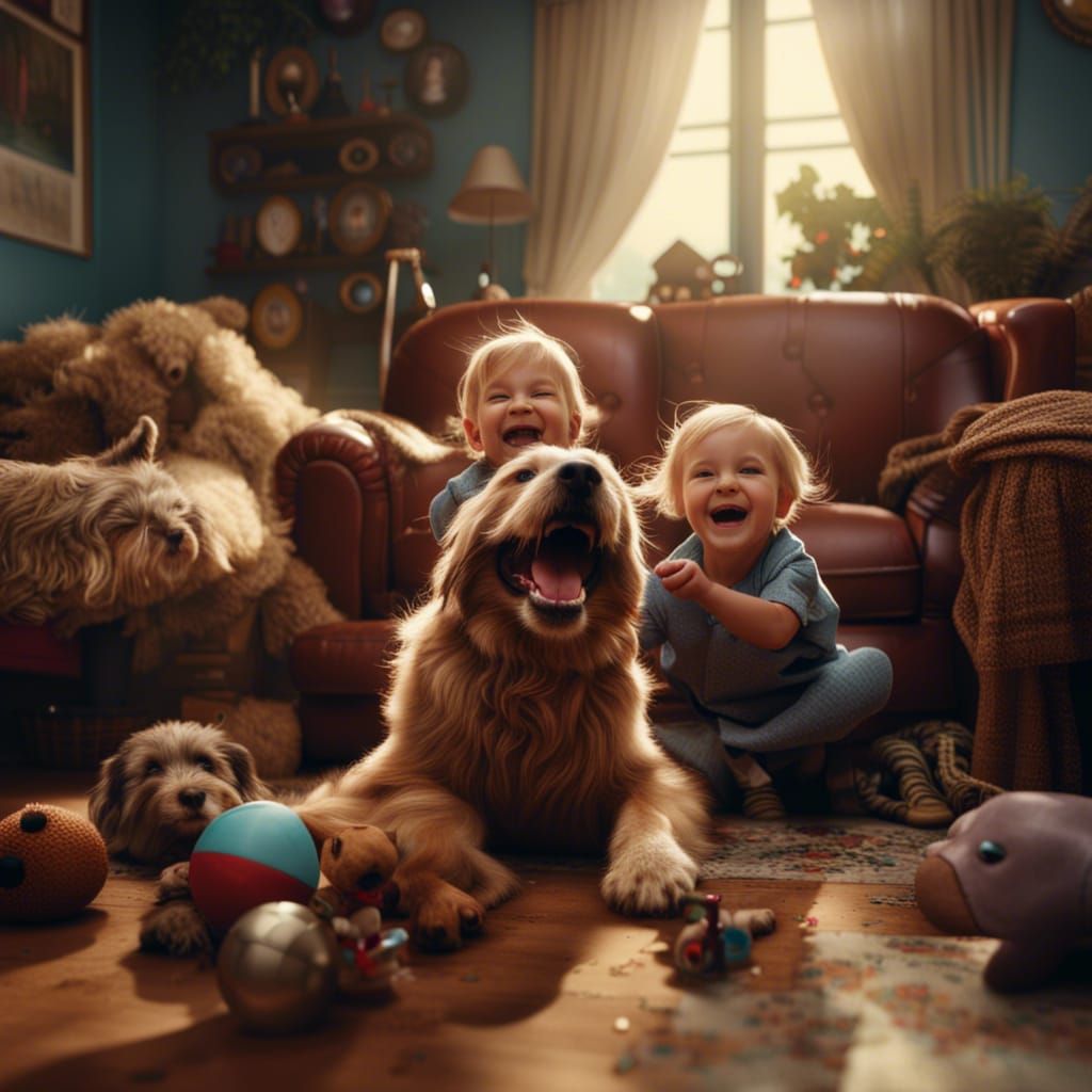 Joyful Toddlers Laugh with Lovable Dog in Grand Living Room