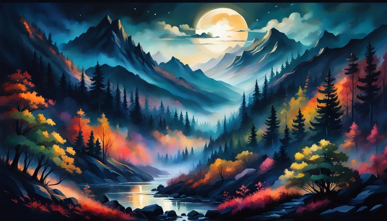 Dreamy Mountain Landscape in Rich, Romantic Colors
