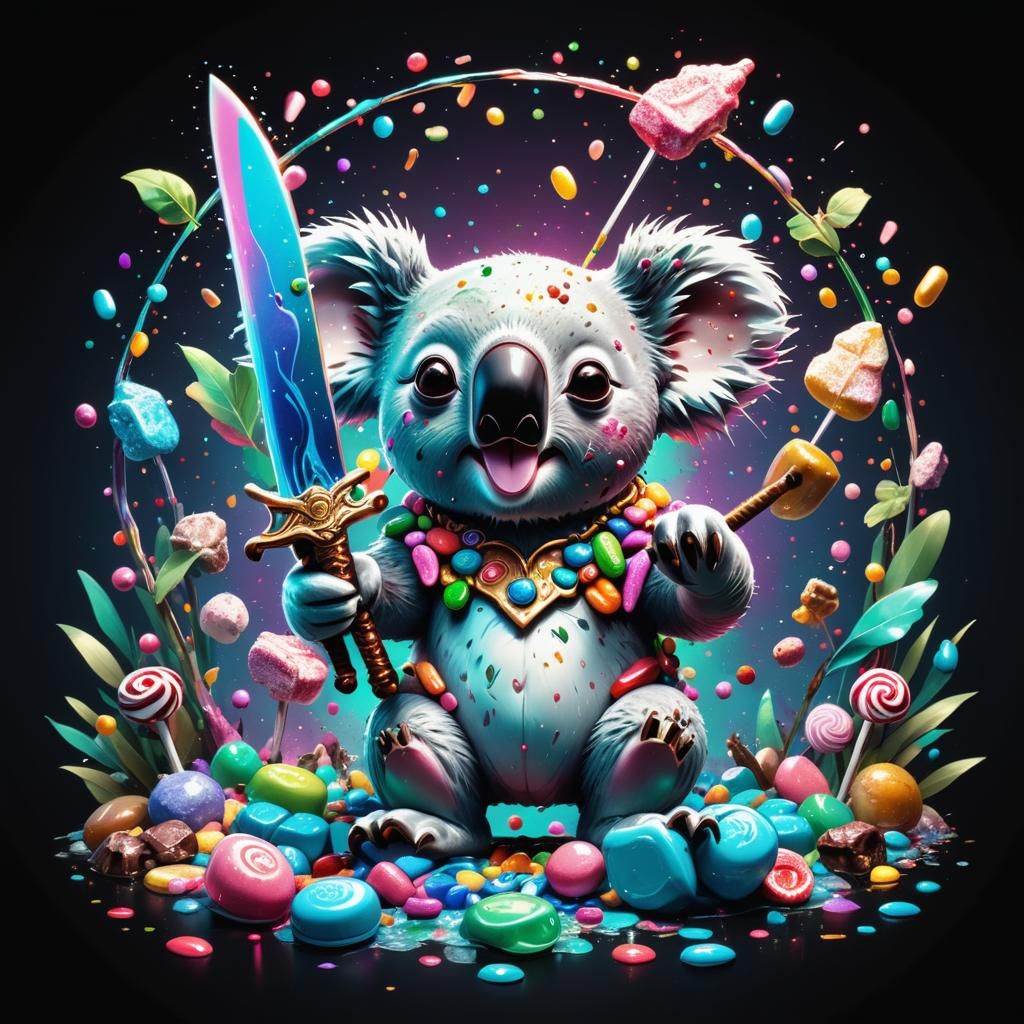 Vibrant Whimsical Koala Sword Dance in Opalescent Candy Wond...