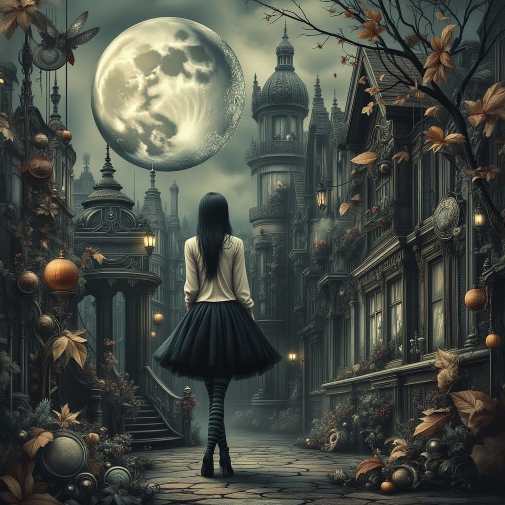 Steampunk Cityscape Under a Human-Faced Moon