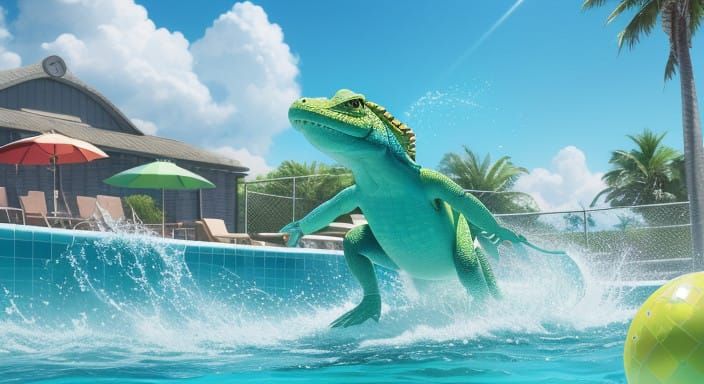 Whimsical Cartoon Lizard Diving into a Vibrant Swimming Pool
