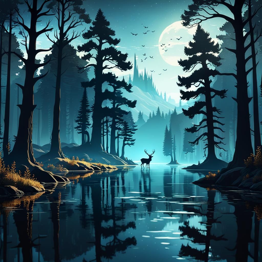 Elegant Deer Silhouette in Fantasy Landscape