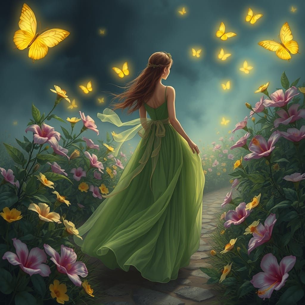 Ethereal Nature Fairy Walking Through a Magical Night Garden