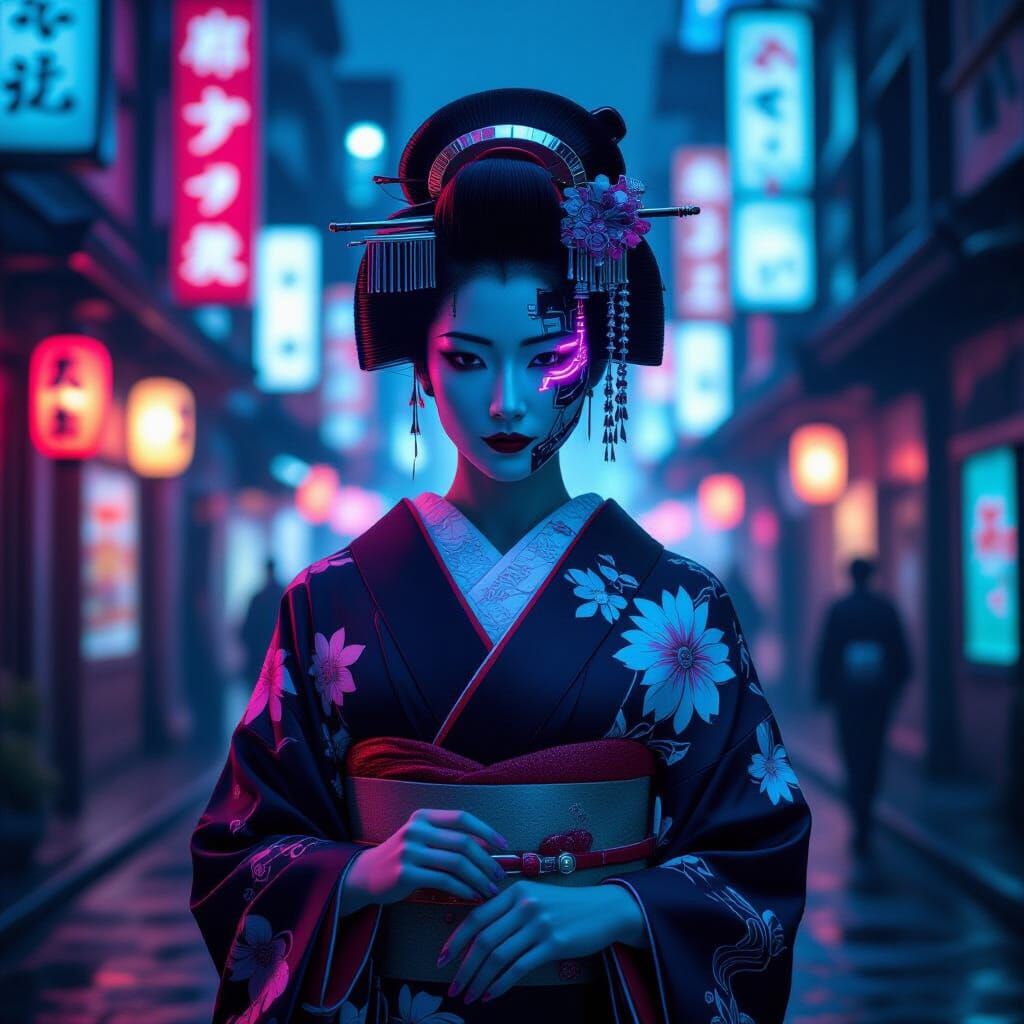 Cyberpunk Geisha in Neon Tokyo