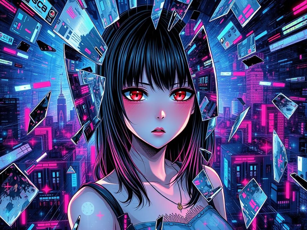 Shattered Anime Girl in Corrupted Neon City