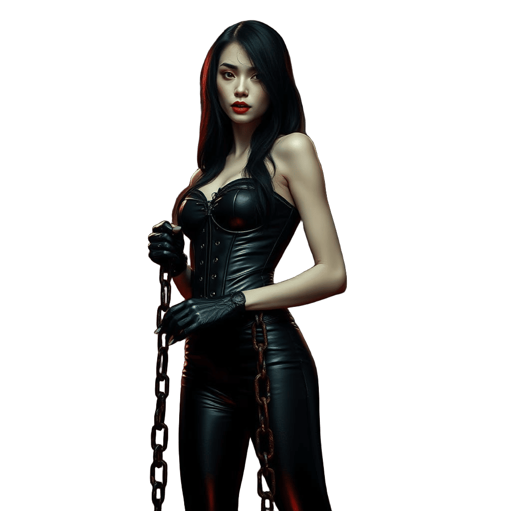 Mysterious Vampire in Dark Leather Attire, Chains, and Ancie...