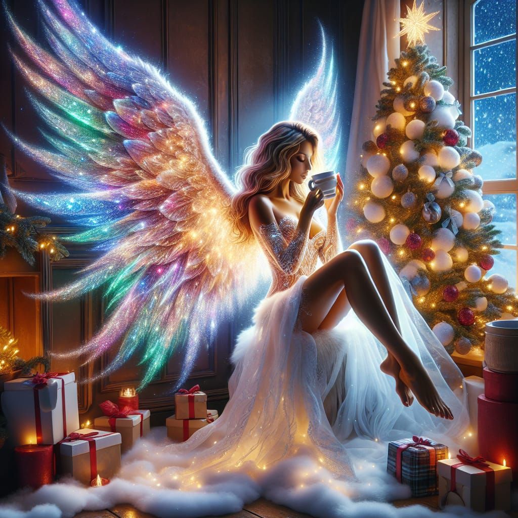 Angel in Luminescent Wings Sips Coffee Christmas Morning