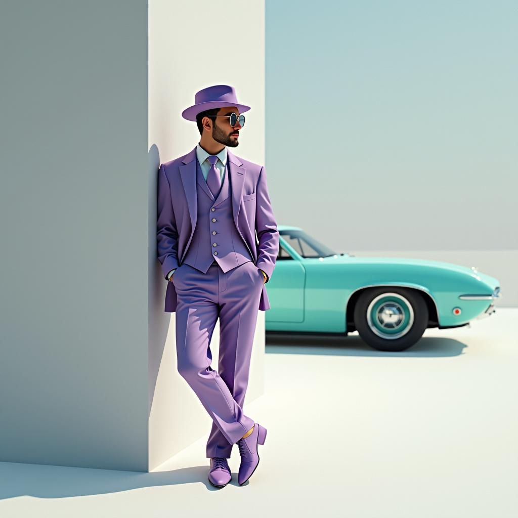 Confident Gentleman in Lilac Suit and Turquoise Car, Inspire...
