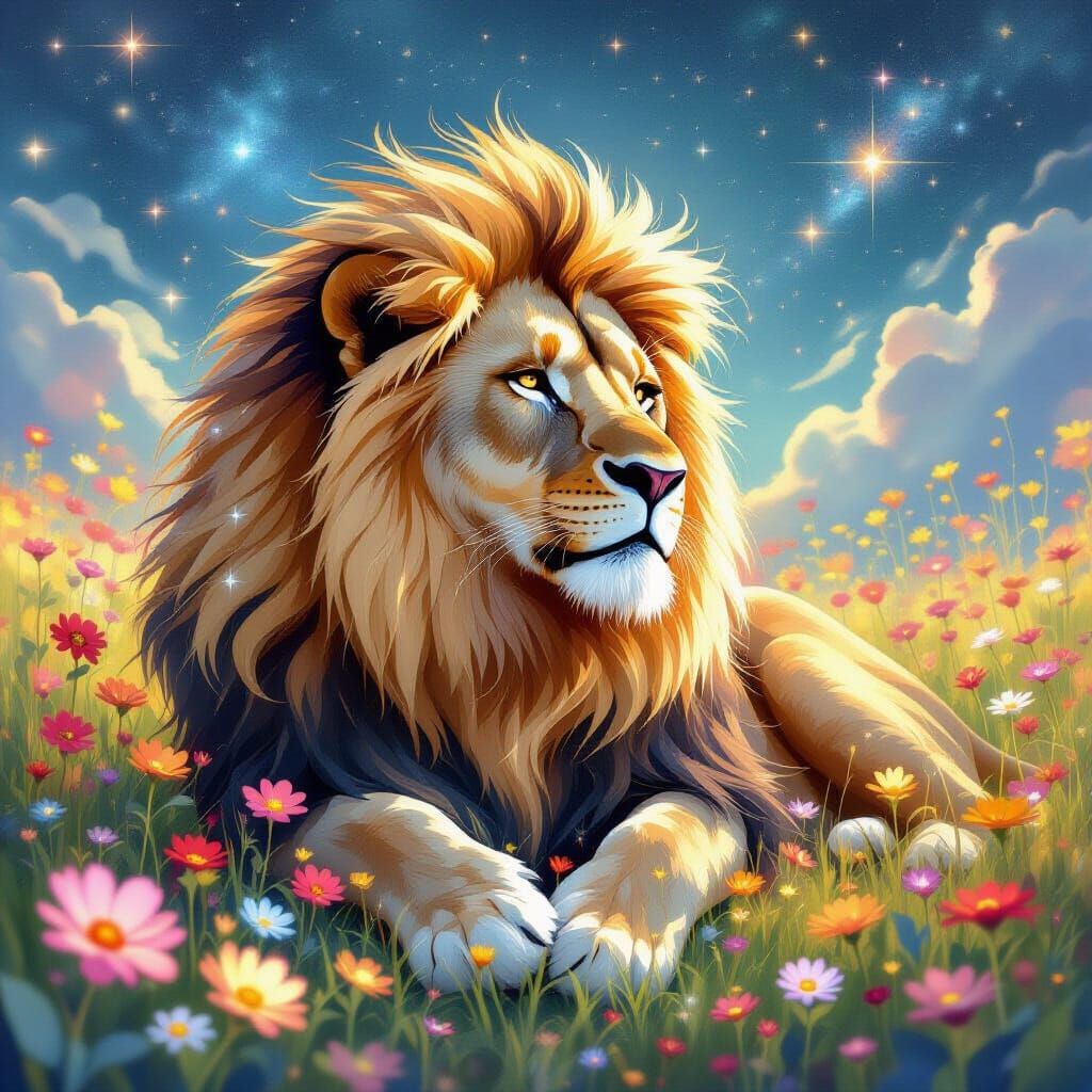Lion with Starlight Mane in Art Nouveau Style