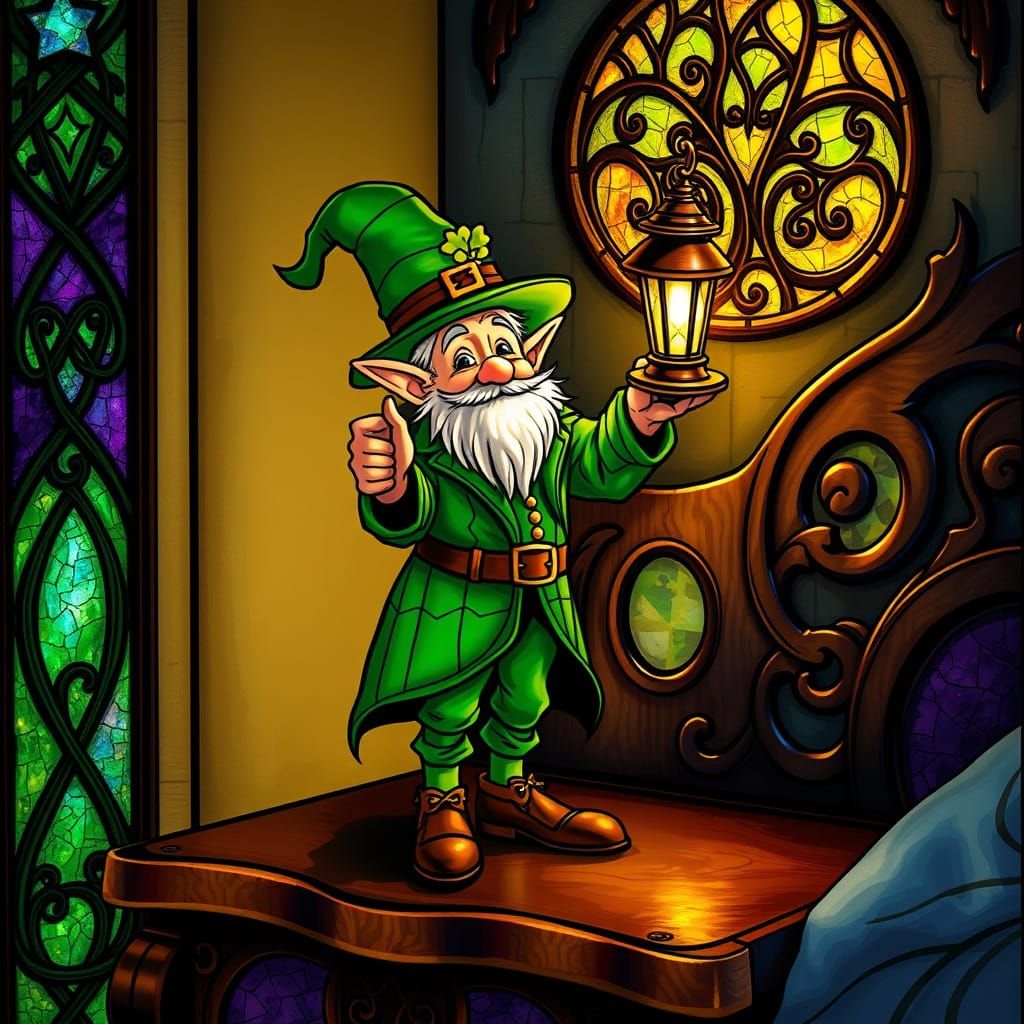 Emerald Whimsy Dancing Leprechaun in Stained Glass