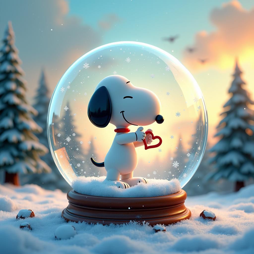 Snoopy Creates Heart within Whimsical Snowglobe Landscape