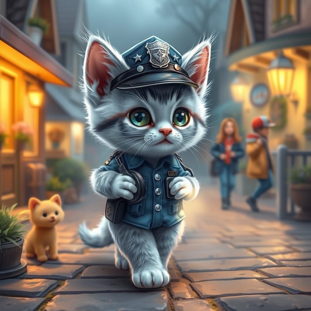 A whimsical and adorable REALISTIC IMAGE of a tiny pastel blue kitten donning a miniature police uniform, complete with ...