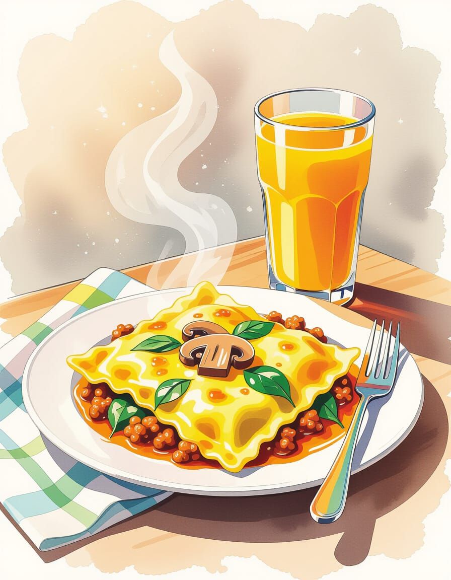 Steaming Ravioli Plate with Orange Juice in Watercolor Splas...