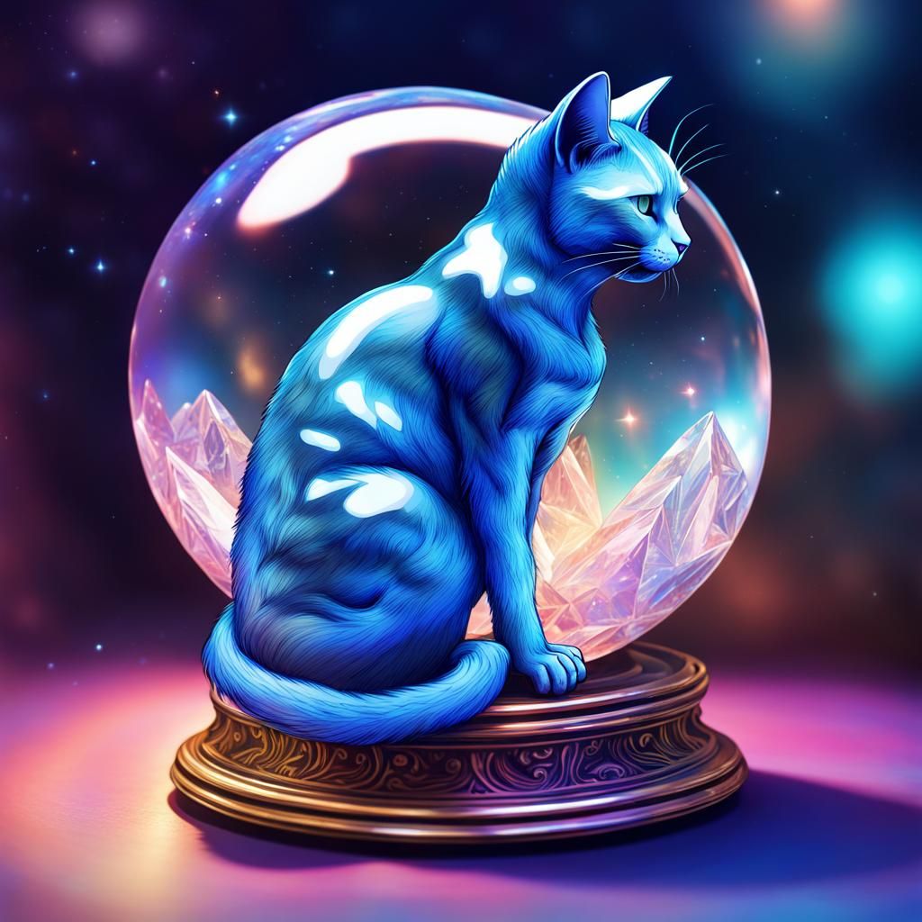 Cosmic Feline Oracle in Blue Holographic Splendor