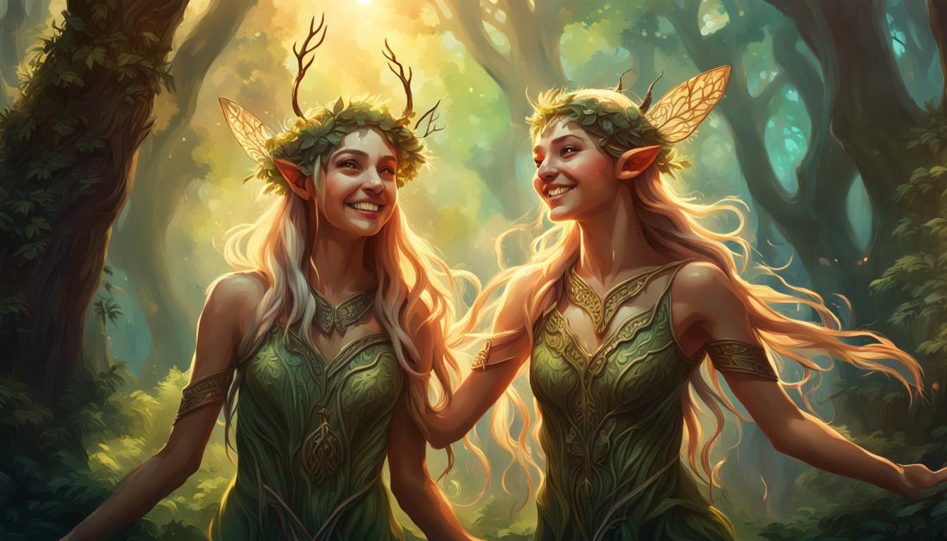 Wood Nymphs in a Vibrant Elven Forest
