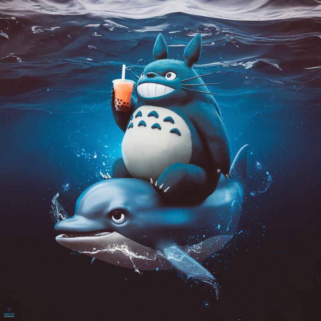 Realistic Totoro Sips Bubble Tea on a Gentle Dolphin
