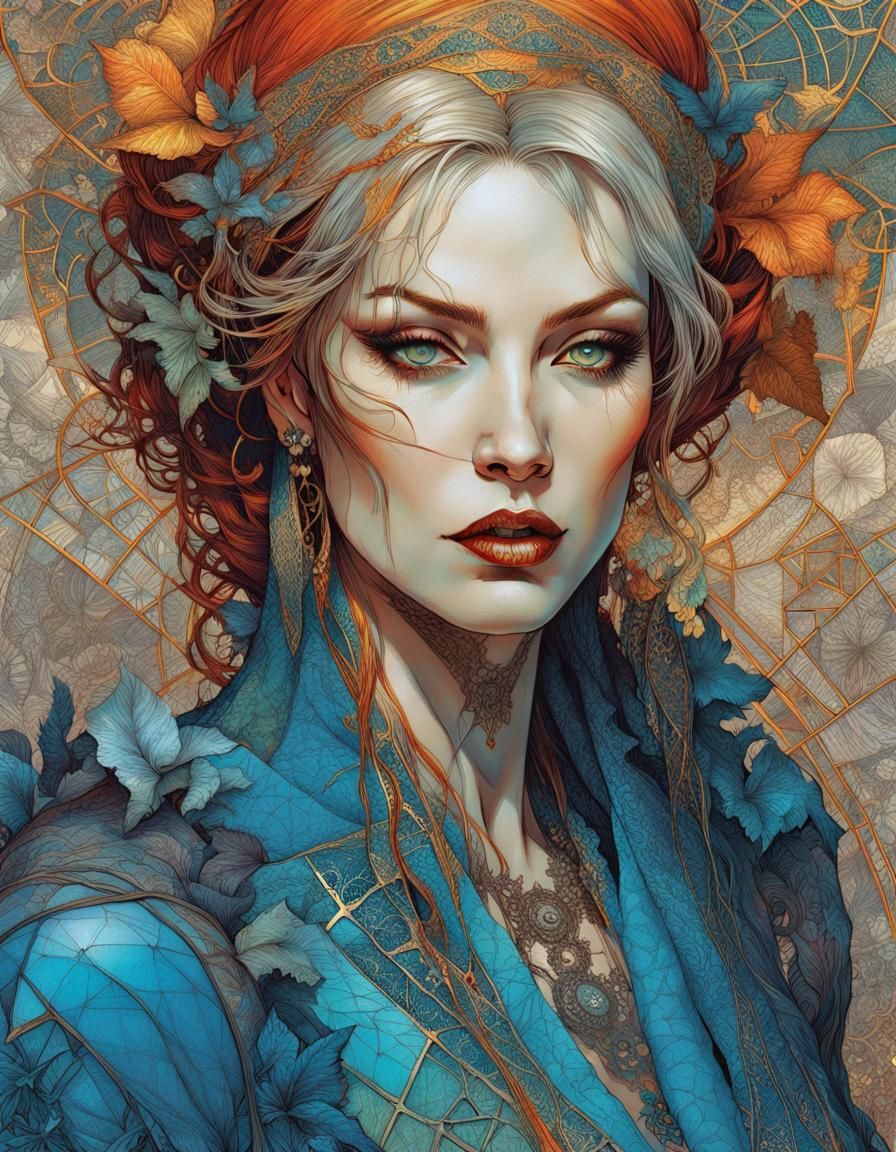 Elvira in Colorful Lace Line Art with Intricate Geometry and...